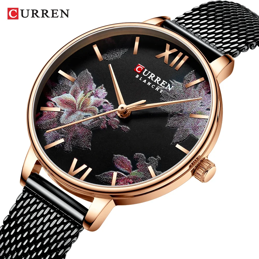 CURREN 9060 Ladies Flower Watches Women Stainless Steel Bracelet Wristwatch Women Fashion Quartz Clock Rose Gold Reloj Mujer