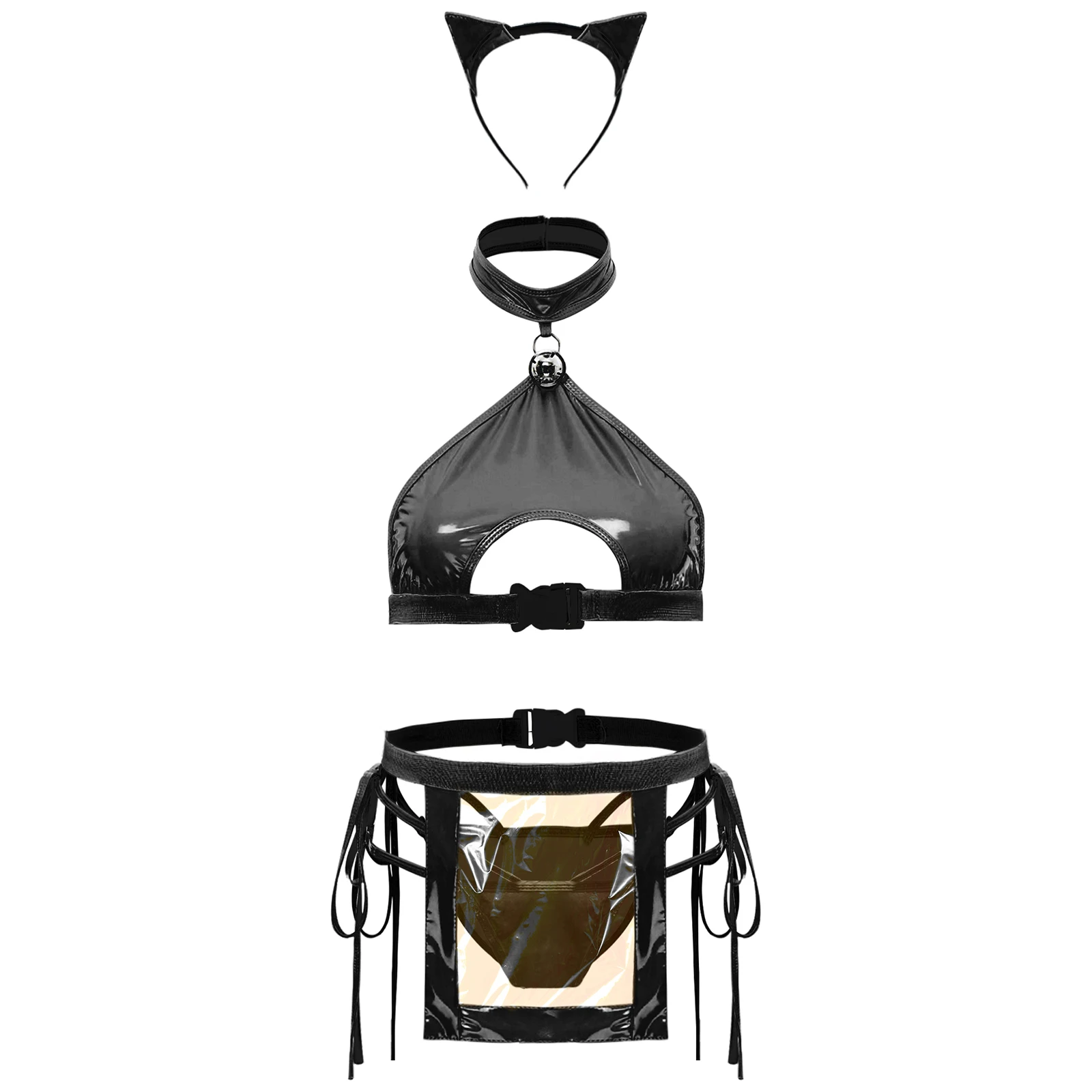 Mulheres sexy coelho gato lingerie traje de couro patente halter colheita superior com cuecas de renda avental conjunto role play nightwear clubwear