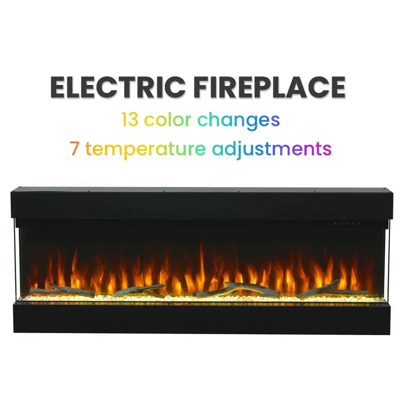 Electric Fireplace with Three Side Fire Observation, 7 Temperature Levels and 13 Flame Colors, Sturdy Glass and Steel, Customize