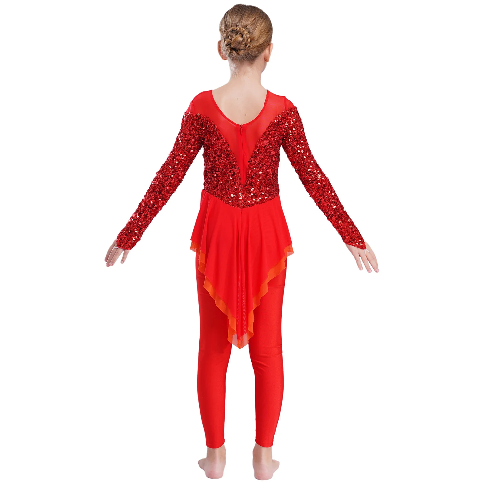 بدلة رقص الجاز للأطفال البنات مزينة بالترتر وأكمام طويلة بطول الكاحل بدلة يوتار متجنبة للجمباز والتزلج على الجليد ملابس الرقص