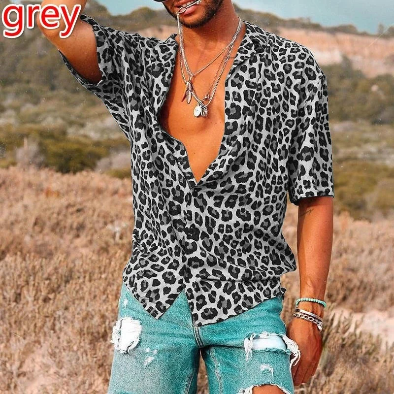 New Leopard Print Men\'s Shirt Business Work Luxury Brand Short Sleeve Top