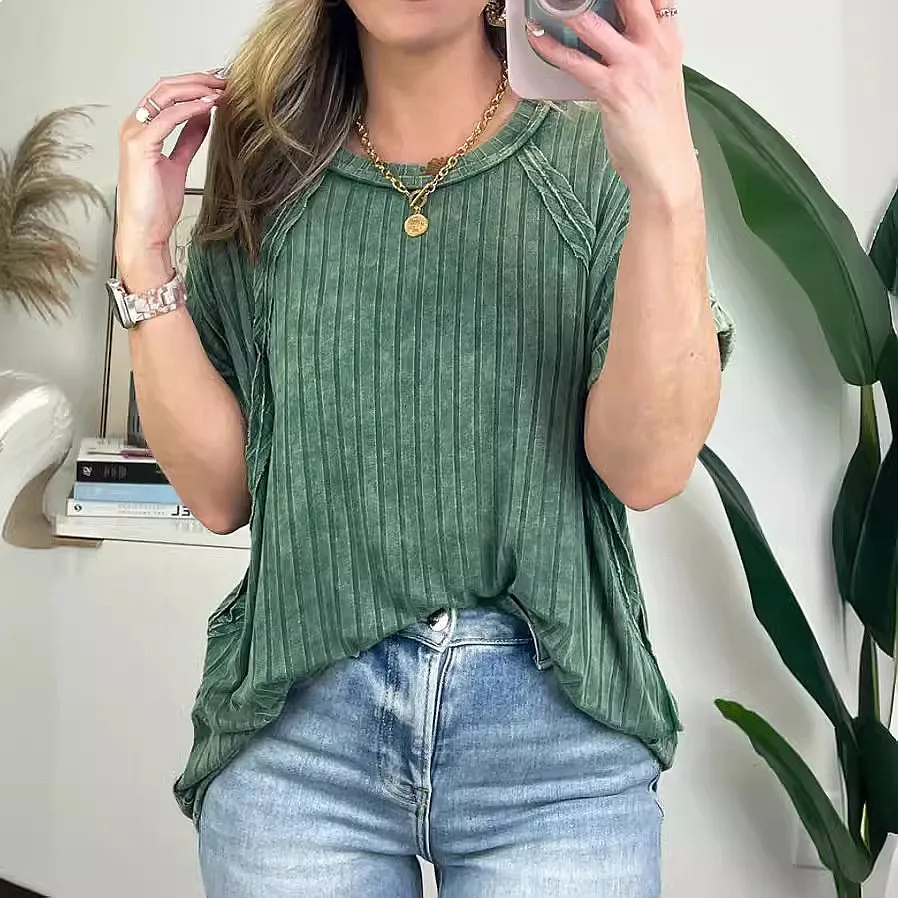 Women Tee Tops Short Sleeve Crew Neck Ribbed Casual Blouses Spring Summer Matching Set