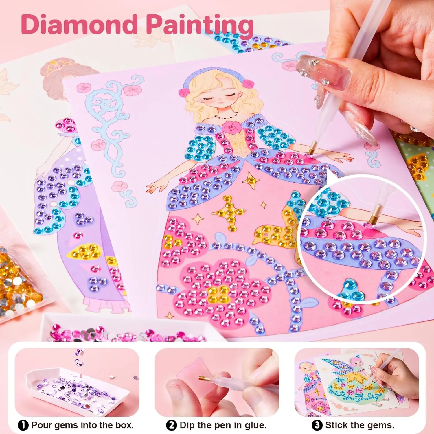 4 in 1 Magic Paper Makeup Fun Kit for Girls Brush Eyeshadow Play on Paper Crafts,Princess Diamond Painting Gifts Toys for Girls