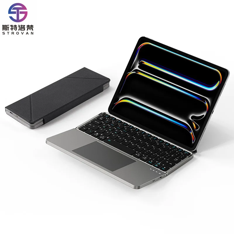 Portable Foldable Wireless Laptop Keyboard with Touch Pad Leather Case BT Keyboard for Special Design Laptop Phone Tablet
