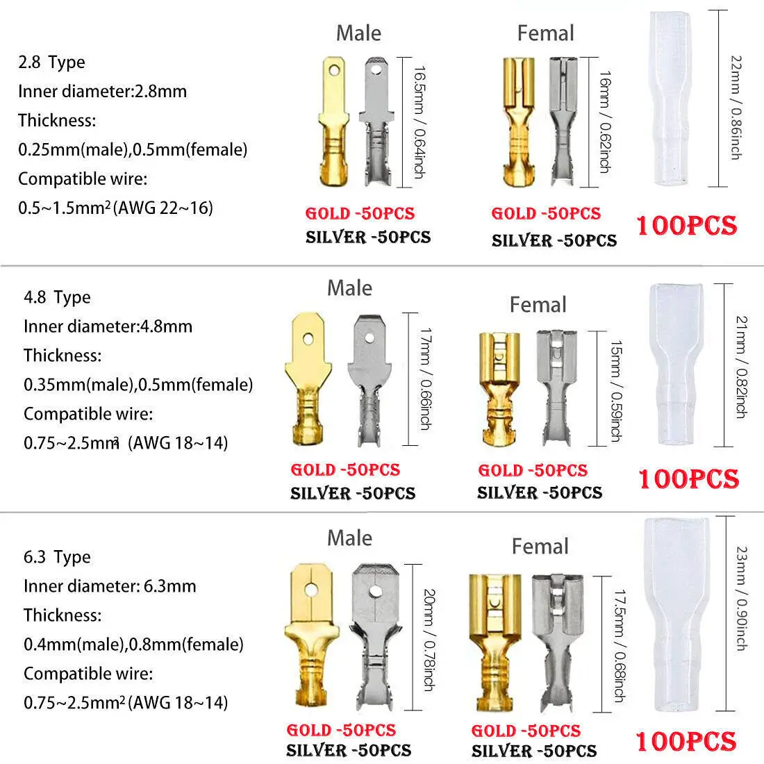 900PCS Spade Electrical Wire Connectors Male Female Crimp Terminal 2.8/4.8/6.3mm