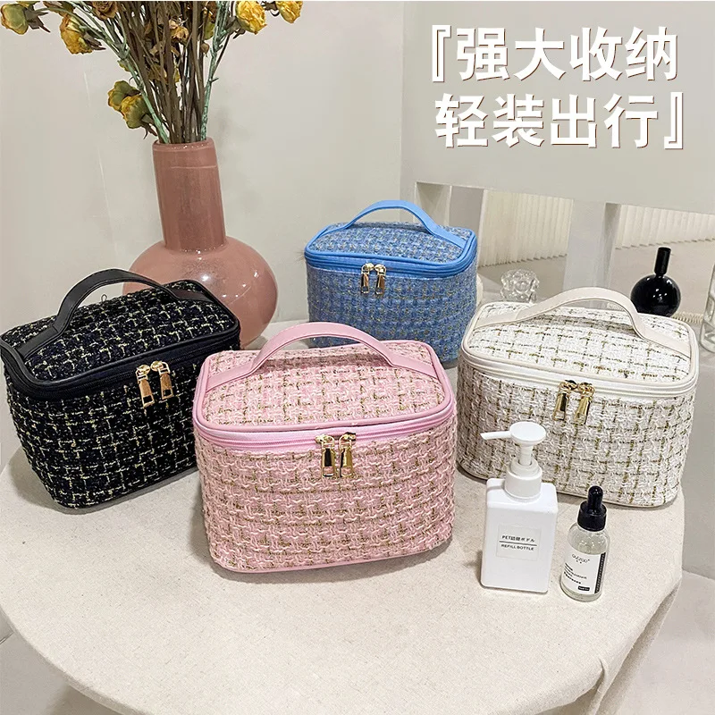 New Korean plaid portable small fragrance makeup bag Large capacity portable toiletry storage bag makeup box travel