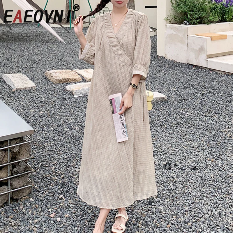 

EAEOVNI Summer Casual Long Dress Women V Neck Lantern Sleeve Lace-up Gathered Waist Dresses 2025 Fashion New Clothing 1A1149