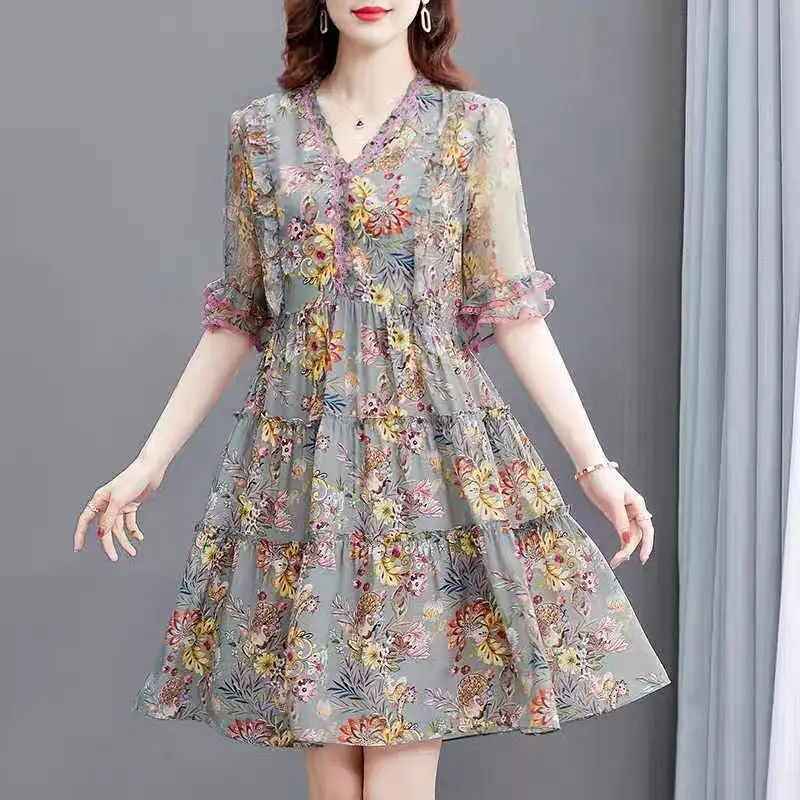 Elegant V-Neck Spliced Lace Butterfly Sleeve Floral Dress Women Clothing 2024 Summer New Loose Office Lady Mini Dress