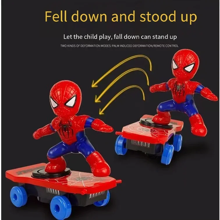 Novo homem aranha rotação automática flip skate carro acústico-óptico música elétrica brinquedo dublê scooters presente de natal anime