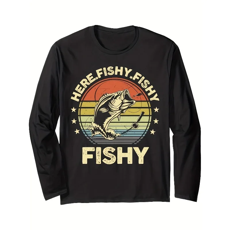 Retro Jumping Fish Pattern Men's Long Sleeve T-shirt -100%, Ultra Soft Breathable Fabric, Retro Fish Shaped Design