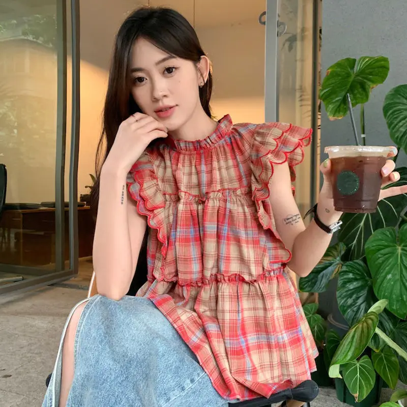 

Красные клетчатые блузки, женские топы с летающими рукавами, милые оборки, девичьи свободные повседневные эстетические Blusas Mujer, нежная праздничная уличная одежда