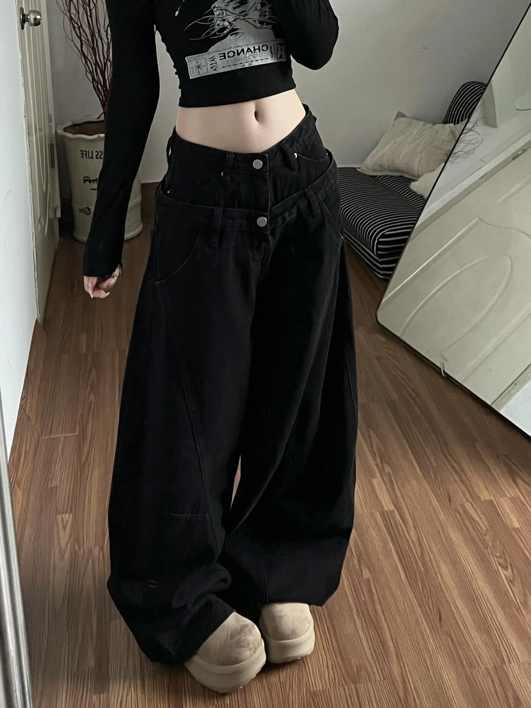 Cool Girl American Style High Waist Knife  Wide Leg Jeans Women's Loose Fit Floor Length Pants Letter Print Casual Jeans