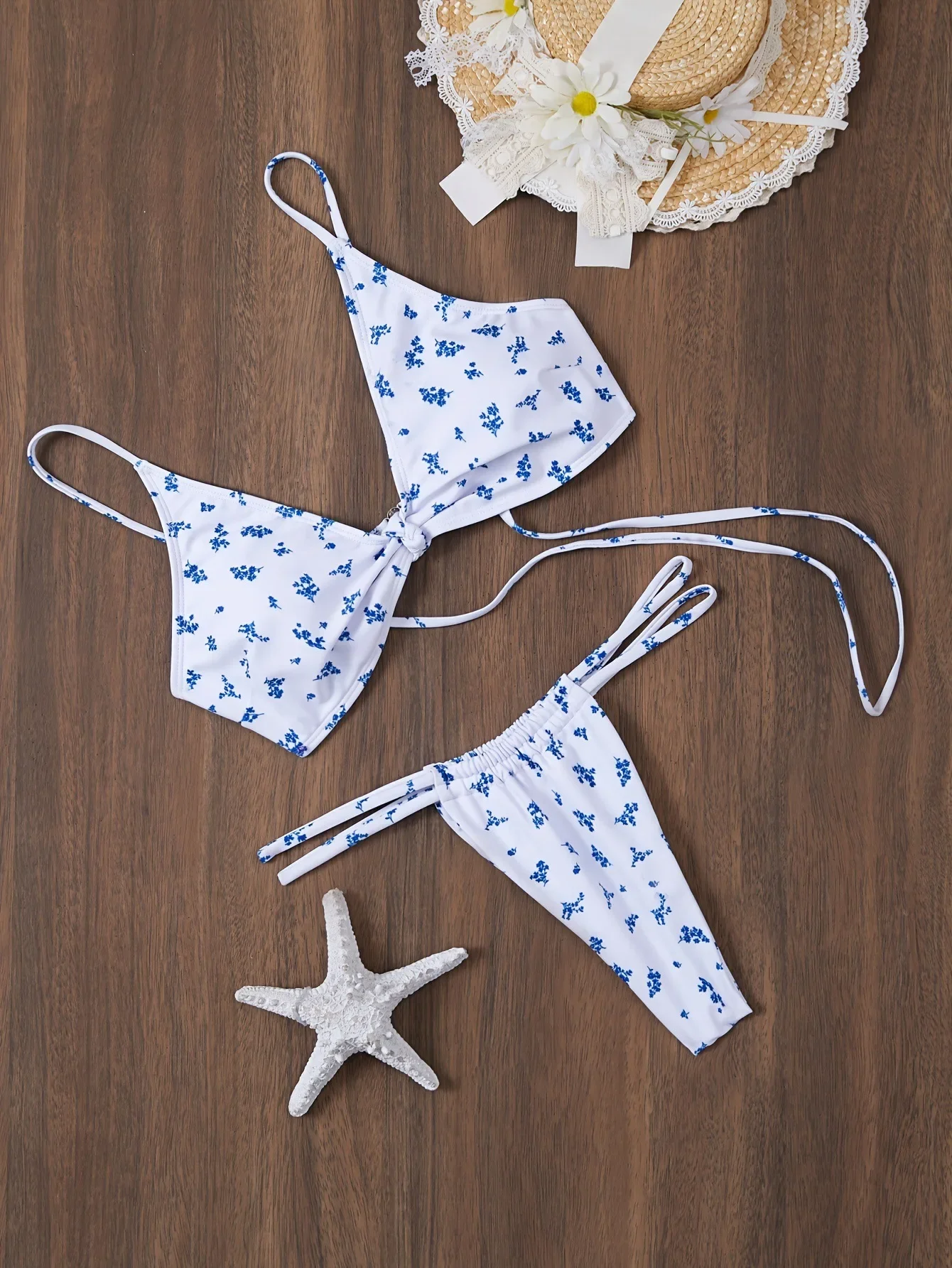 

Sexy blue floral print front knot bikinis sets two pieces thong swimsuit Swimwear bathing suit beach outfits biquini tankini