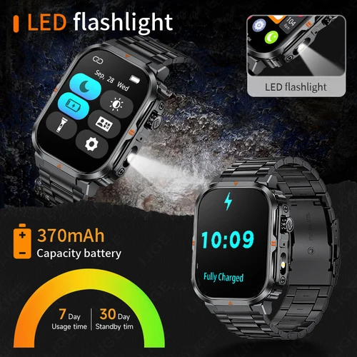 Imagen 2 del producto Reloj inteligente militar LIGE para hombre IP68 resistente al agua rastreador deportivo al aire libre linterna LED llamada Bluetooth reloj inteligente para hombre para Android iOS