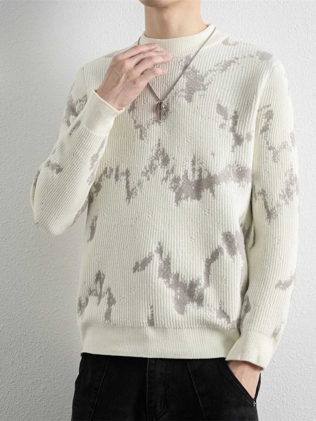 

Men's round Ne Fce Lined Knitwear Thi Warm Winter Faion Ci Sle Long Sve Crew Ne Pullover Sweater Youth Casual