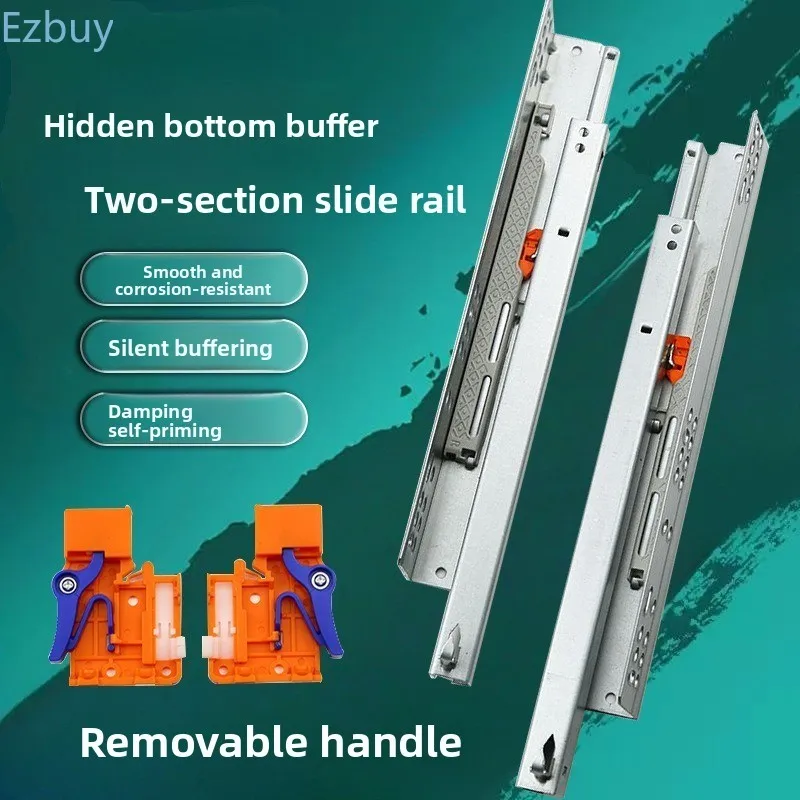 Two-section Concealed Drawer Slide Components with Handle Track Damping Bottom Support for Cabinet Furniture Wardrobe Slides
