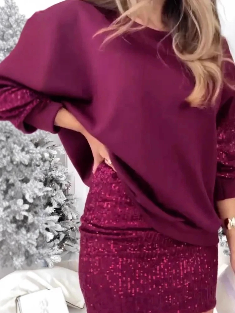 

Элегантный тонкий комплект с запахом бедер, полуюбки, темпераментный женский комплект для поездок на работу, стильные пуловеры с длинными рукавами и блестками с круглым вырезом, комплект мини-юбокнок