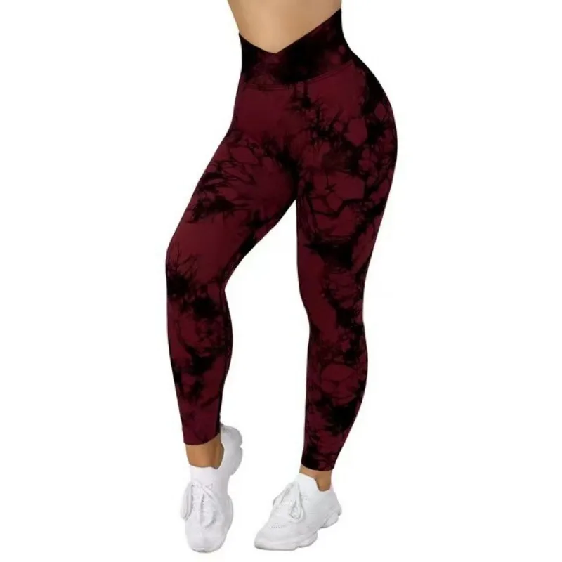 Skinny Fitness-Yoga hosen für Frauen mit hoher Taille, Kreuz bindung, gefärbtes, bedrucktes Gesäß, das Frauen-Sport hosen anhebt