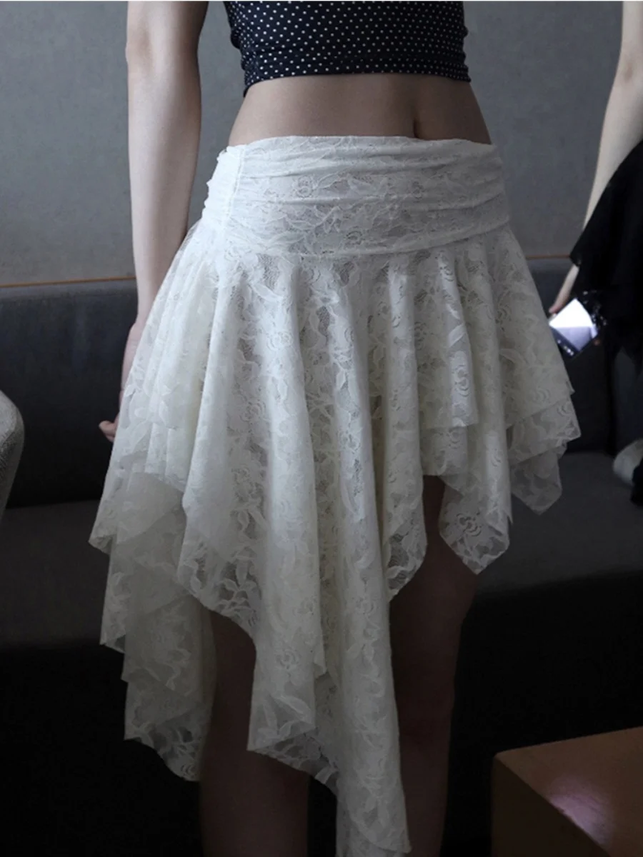 

Romantic Pure Desire Sexy Lace Splice Asymmetrical Wave f Skirt Pleated A-Line ort Skirt Korean Sle Commute