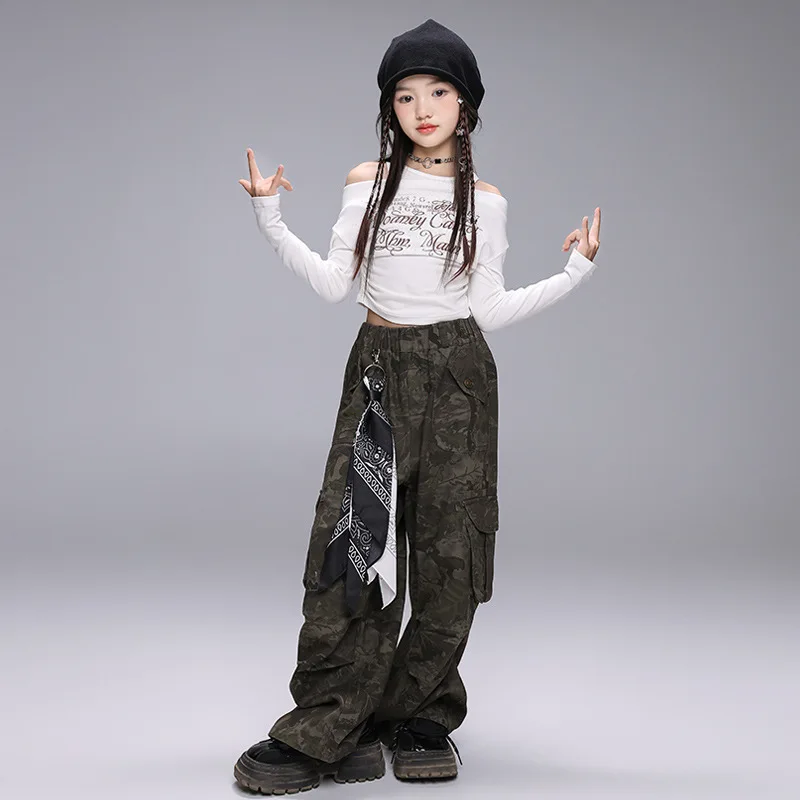 Kid Hip Hop Clothing White Cold Shoulder T Shirt Crop Top Camouflage Casual Wide Cargo Pants for Girl Jazz Dance Costume Clothes