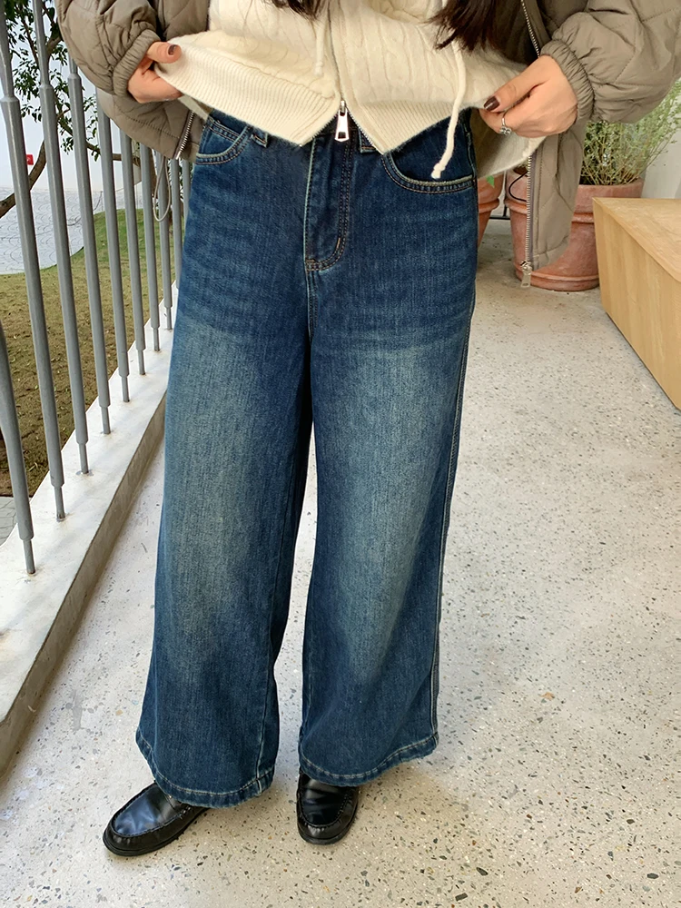 

Повседневные свободные джинсы прямого кроя с эластичным поясом из хлопка на молнии для женщин, осенняя мода