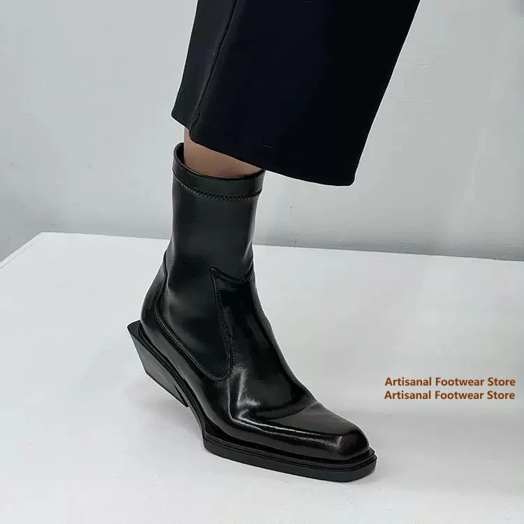 Men Glossy Square Toe Chelsea Ankle Boots Side Zipper Stacked Block Heel Leather Boots Dress Short Boots Trendy Men's Boots