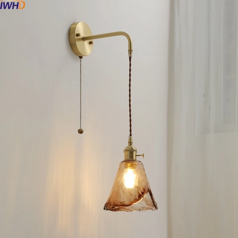 IWHD Nordic Modern LED Wall Lamp Corridor Bedroom Living Room Pull Chain Switch Stair Light Fixtures Glass Copper Espejo Pared