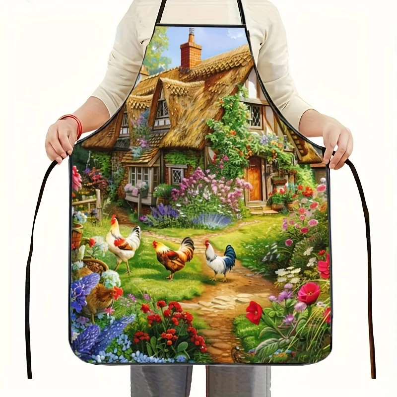Delantal Vintage Country Farmhouse de tela tejida, delantal de cocina unisex con estampado rústico de pollo para jardín, ideal para cocinar y hornear