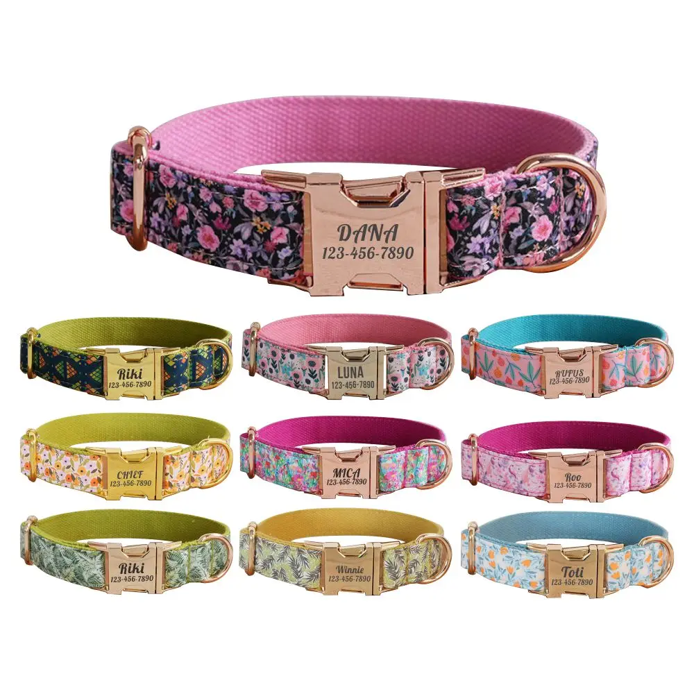 

Customized Flowers Aquatic Plants Dog Collar,Free Engraving ID Buckle for Small Medimum Large Dogs, Matching Leash