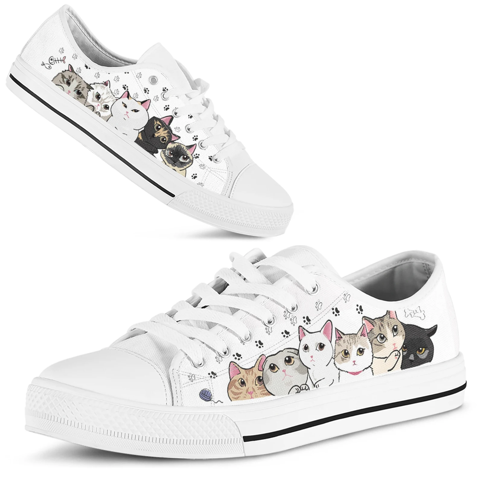 ELVISWORDS Cute Cartoon Cat/kitten/abstract Cat Design White Lace-up Women\'s Shoes Cat Paw Print Loafers Casual Sneakers Flats