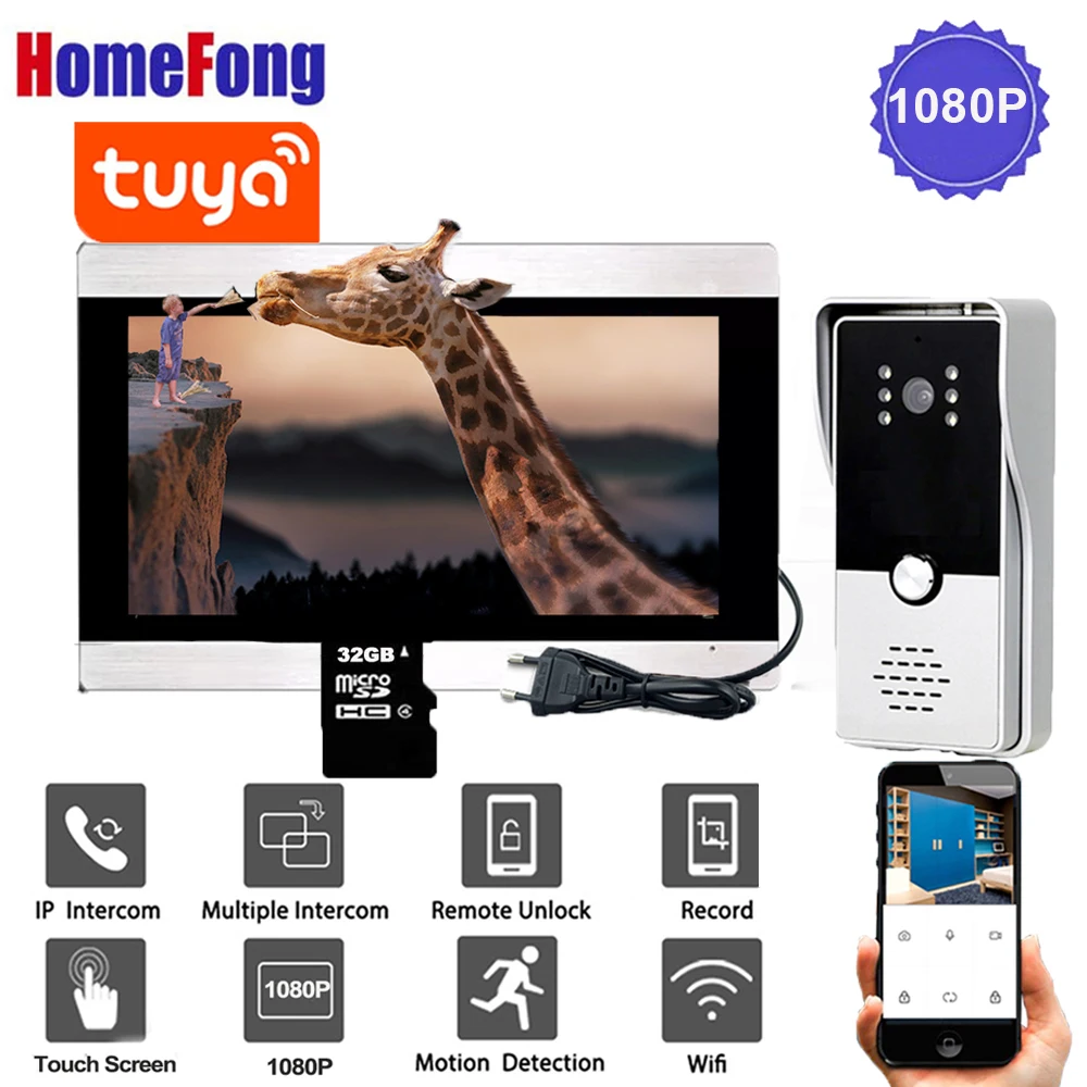 Homefong-sistema de intercomunicación para el hogar, videoportero inalámbrico de 7 pulgadas, 1080p, Wifi, Tuya, Smart Life, timbre, cámara de grabación