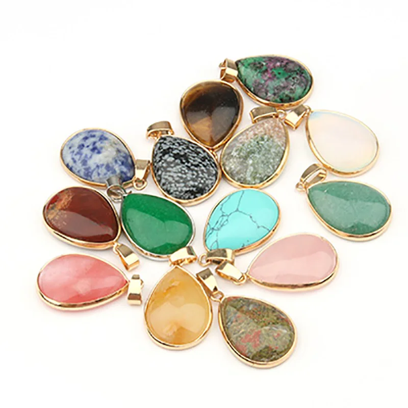 Natural Stone Pendant Water Drop Shape Pendants Agates/ RoseQuartz/Tiger Eye Charms for Necklaces Jewelry Making 3.5*2.4*0.7cm