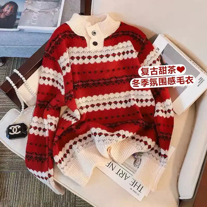 Pullover Sweater Female  Autumn/Winter 2023 Design Sense Small Crowd Loose New Year Red Christmas Sweater Women Pullover Tops