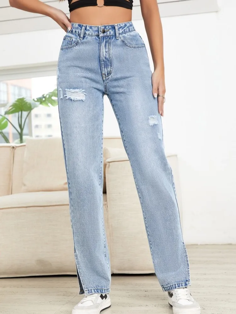 Autumn Fashion Women's Blue Jeans Y2k 2024 Trend Hight Waist Ripped Casual Fashion Streetwear Denim Pencil Pants