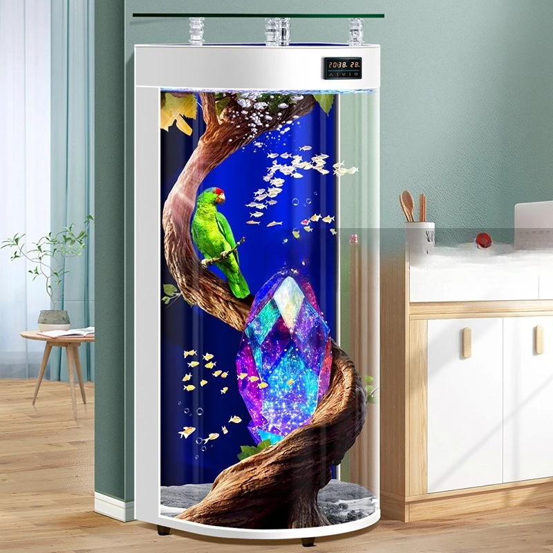 

Living room fish tank, semi-circular small floor-to-ceiling aquarium, no water change next to the TV cabinet, glass