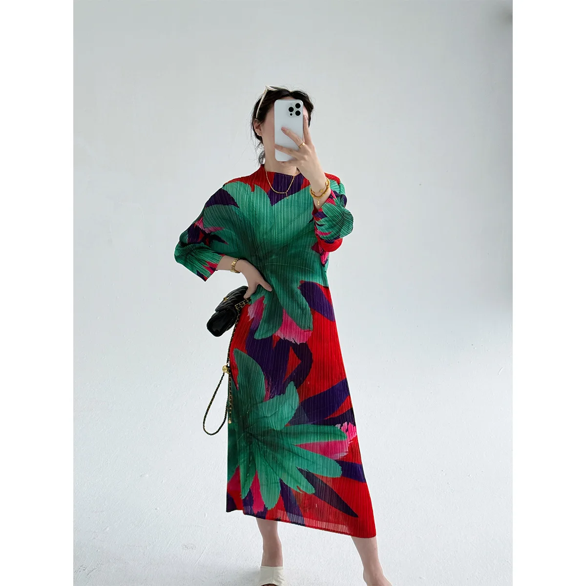 

Miyake Pleated High Neck Long Sleeved Floral Motif Collage Feathers Printed Dress Women New Elegant Carnival Dresses