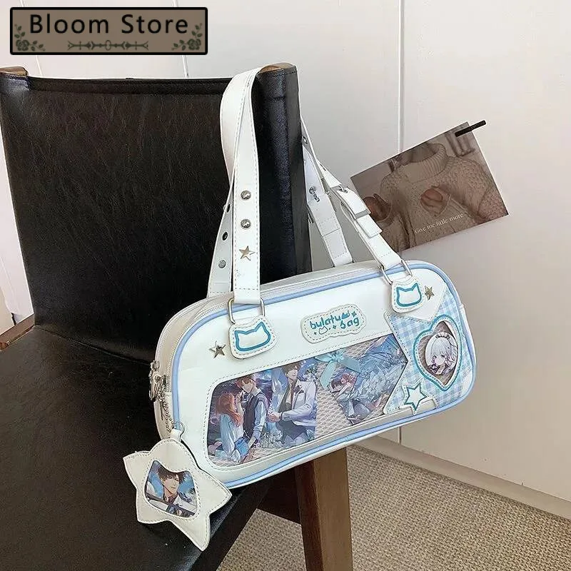 

Bloom Japanese Transparent Blue Handbag Women Haruku Aesthetic Leather Ita Bag Female Preppy Style Sweet Cute Shoulder Bags