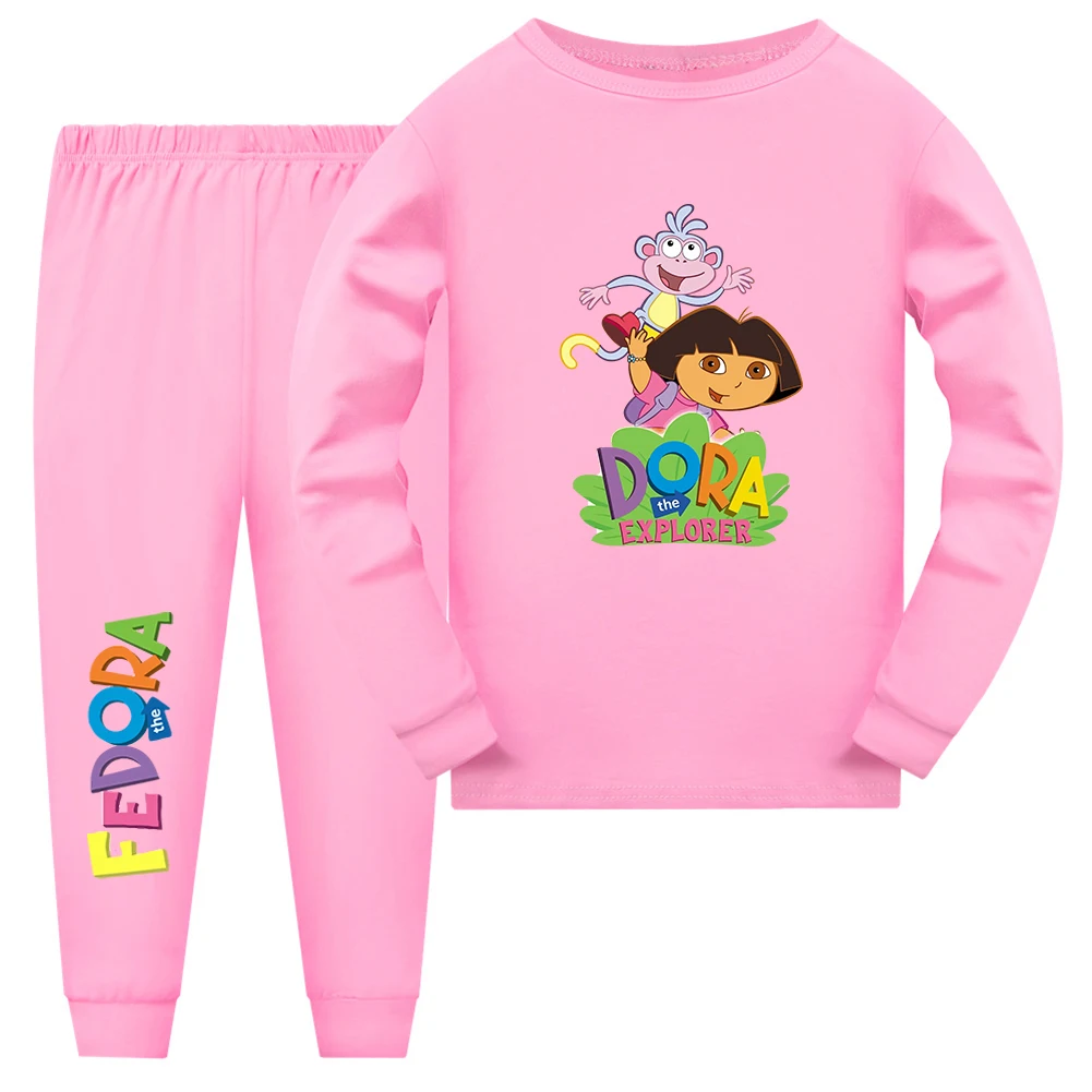 2024 Girls Doras The Explorer Animated Cartoon Print Design O-neck Long Sleeve and Pants Two-piece Suit for Children 3-14 Years