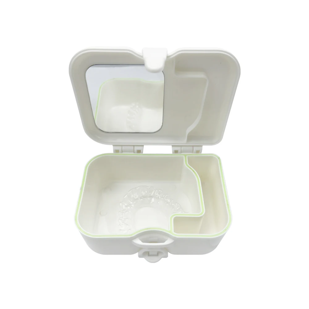 Leak Proof Denture Cup Bath Box with Mirror and Cleaning Brush, Dental Brace Case Retainer Cleaning Case Mouth Guard Storage