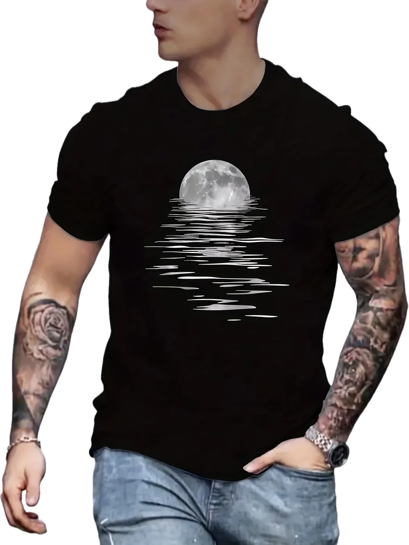 

Men's Stylish Moon Creative Print T-Shirt, Crew Neck Short Sleeve, Casual Tee, Versatile Top For Spring And Summer