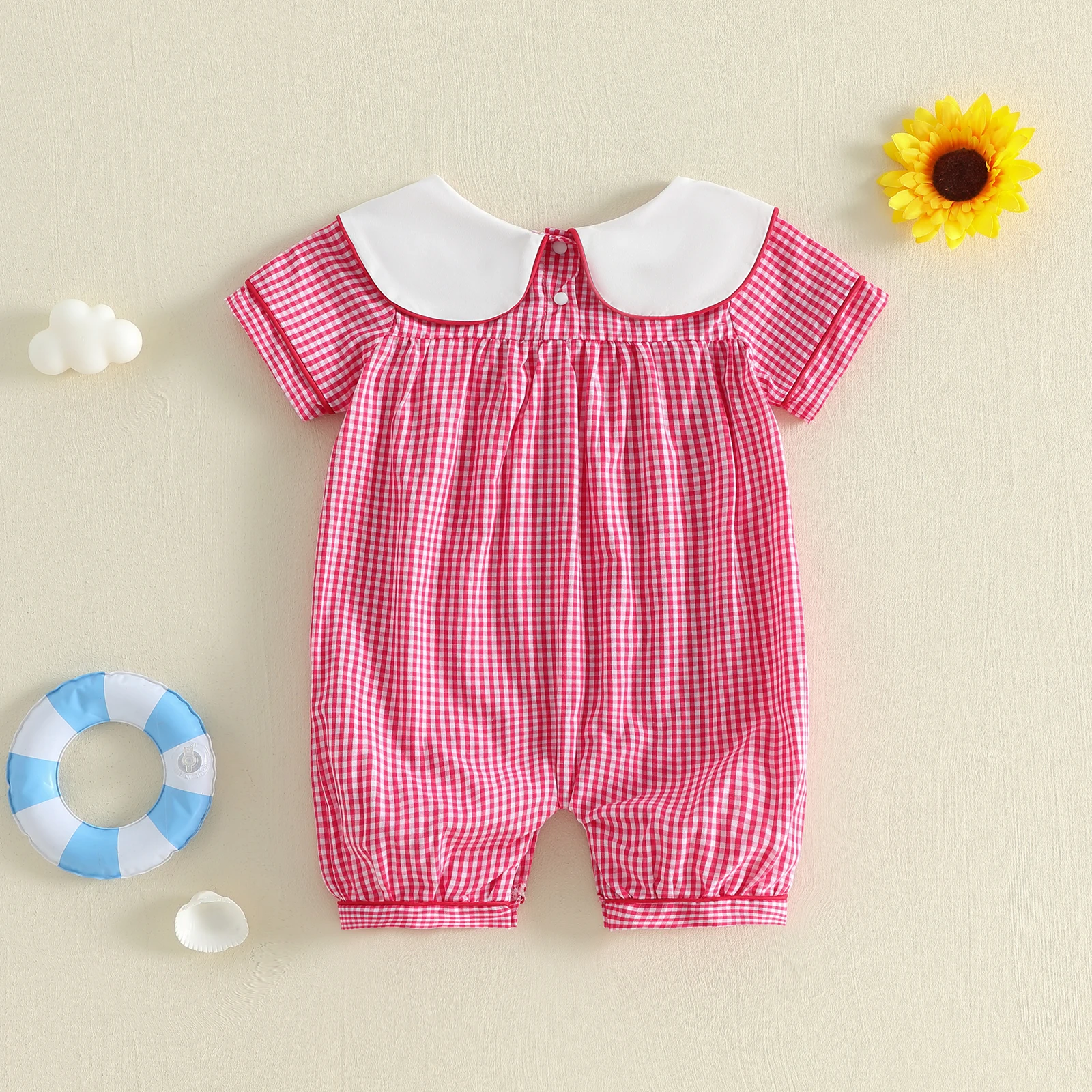 

0-18M Newborn Baby Girl Plaid Romper Strawberry/Sailboat Embroidery Crew Neck Short Sleeve Infant Boy Bodysuits Jumpsuits