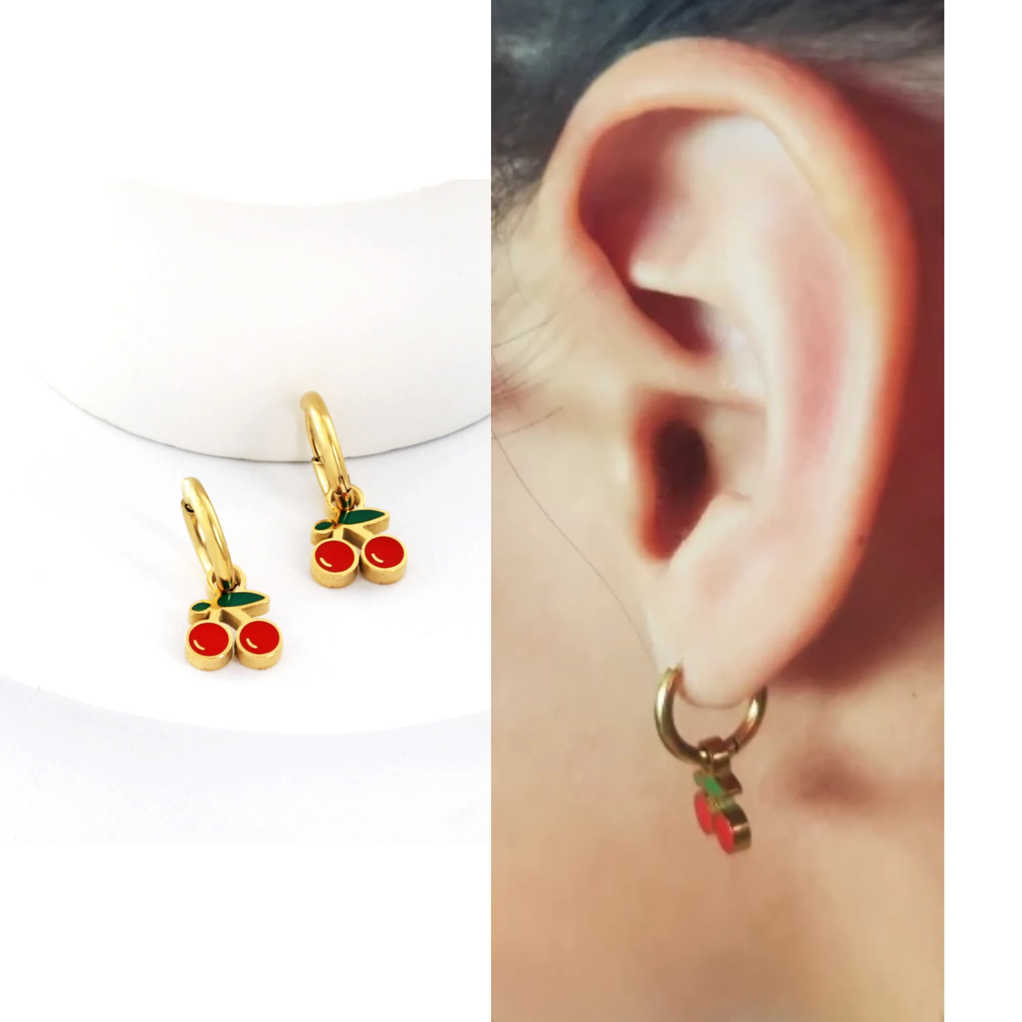 LUXUKISSKIDS Bunte Doppel-Herz-Charms-Tropfenohrringe für Mädchen, Edelstahl, niedlich, Tropföl, winziger Anhänger, baumelnder Piercing-Schmuck – Detail 5