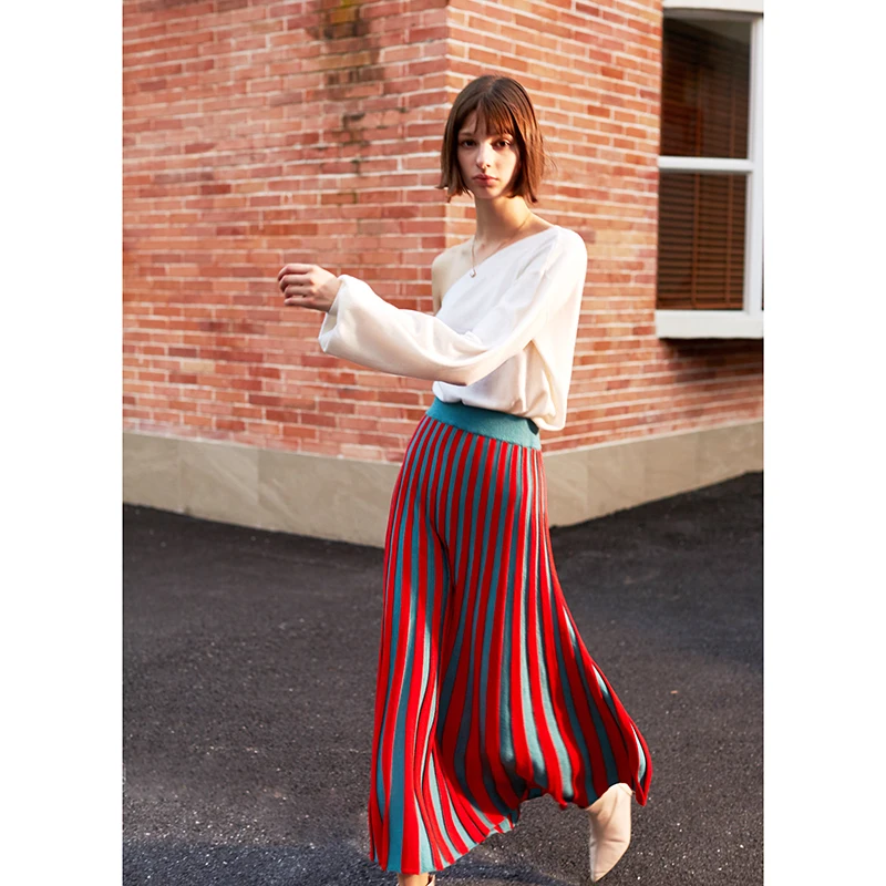 AEL Original Wool Knitting Skirt Women's Spring New Pleated Patchwork Contrast Color Midi Skirt