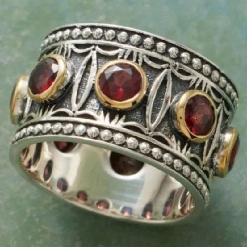 Vintage Inlaid Red CZ Women's Ring Trendy Two Color Hand Carving Daily Wear Party Jewelry Anniversary Gift