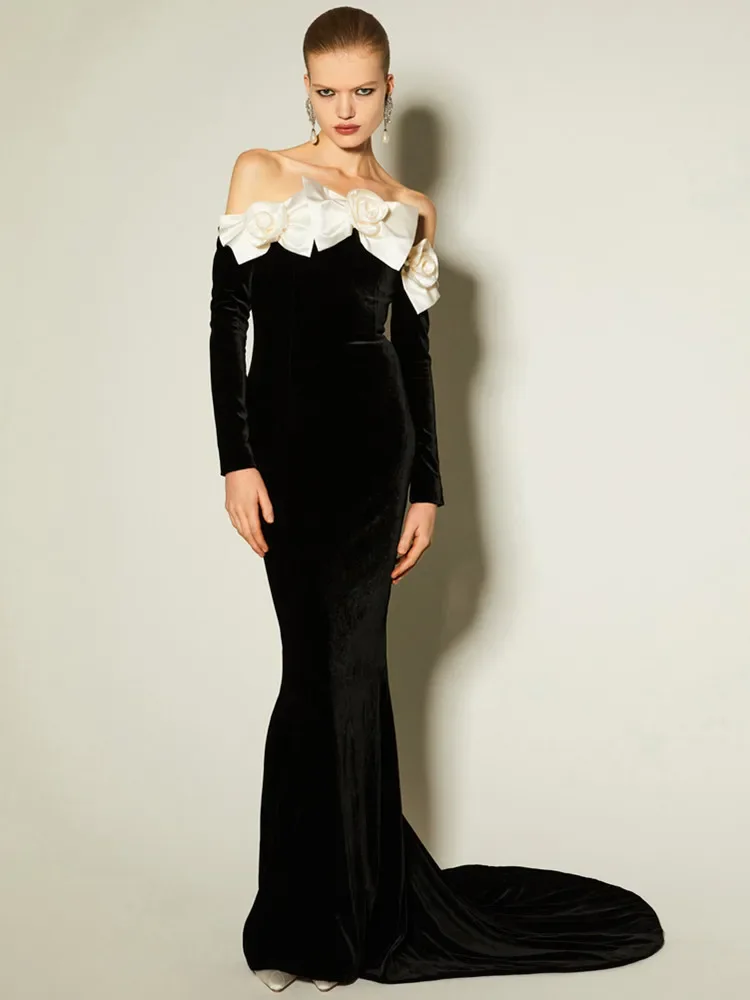 

Women Elegant Prom Gowns Luxury Designer Black Off Shoulder White Appliques Maxi Long Celebrity Evening Party Dress Gala