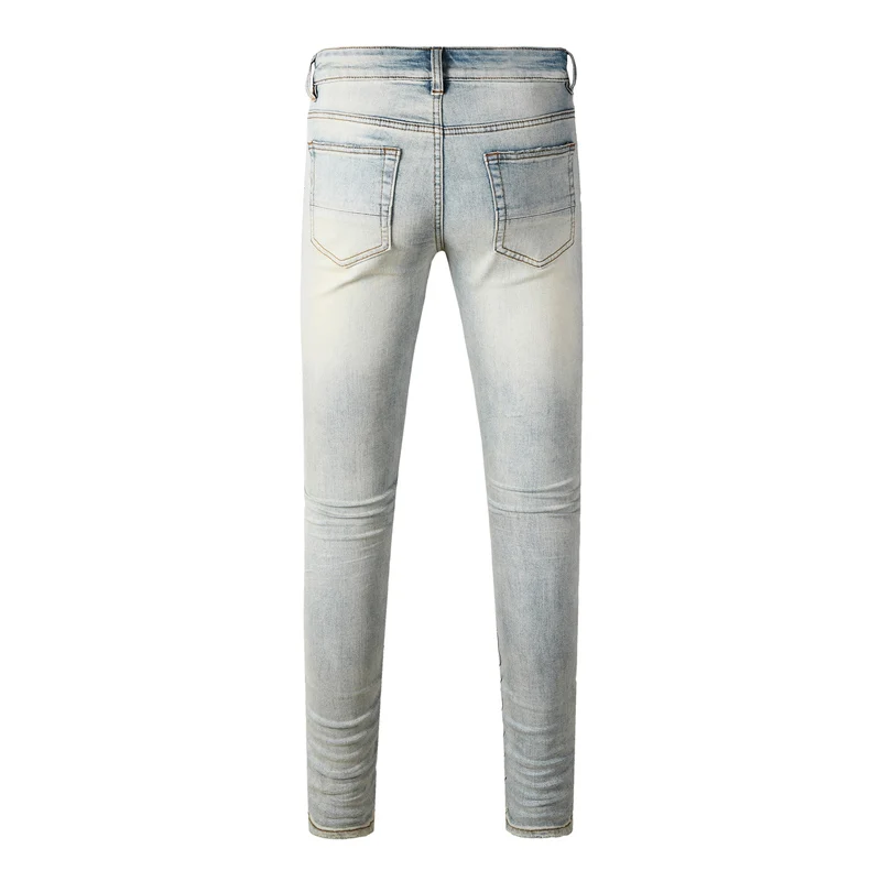 New American Men's Jeans with Perforated Patches, Elastic Tight Fit, Perforated Patches, Y2K