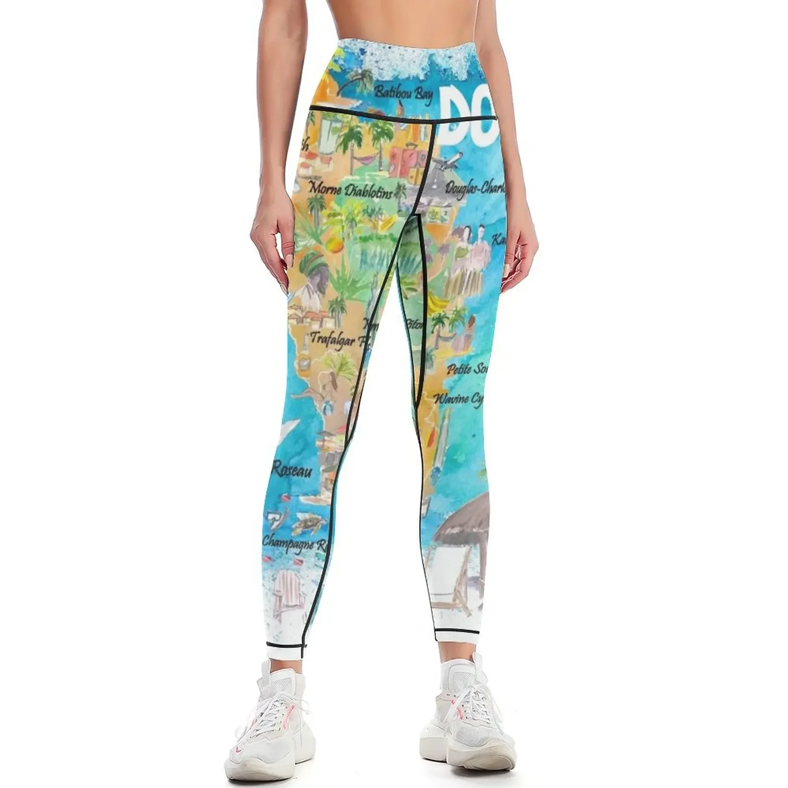 

Dominica Antilles Illustrated Travel Map with Roads and Highlights Leggings Sportswear woman gym trousers Womens Leggings