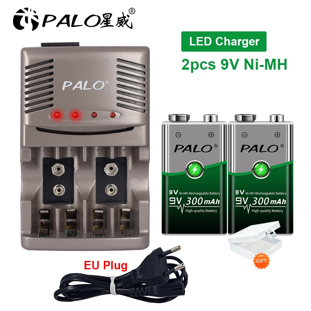 

2Pcs PALO 300mAh NI-MH 9V Rechargeable Battery with 1800 Cycle + 2 Slots Inteliigent Charger for 9 Volt Crown Krone