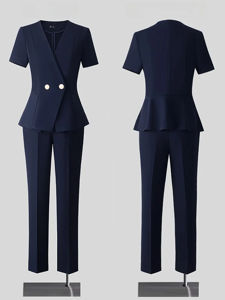 

Summer Thin Short Sleeve Suit Set for Women Professional Workwear V-Neck Button Detail Regular Length Polyester Blend