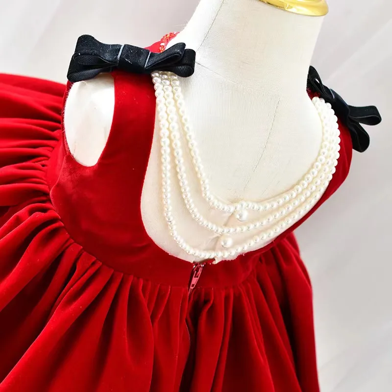 Women's Red Velvet Tutu Dress Princess Birthday Cake Topper Flower Girl Piano Performance One-Year Celebration Dress